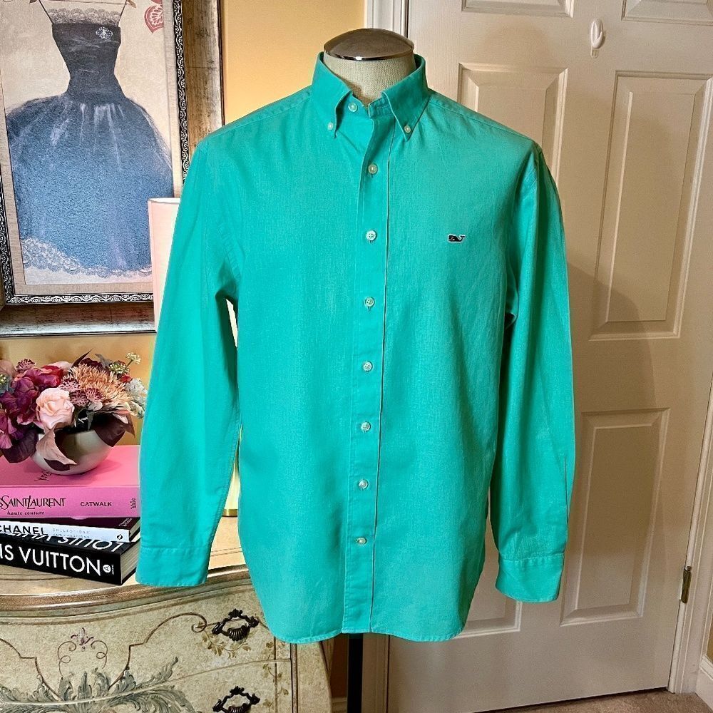 EEUC Men's Vineyard Vines Linen Blend Green Button Down Shirt Size MEDIUM